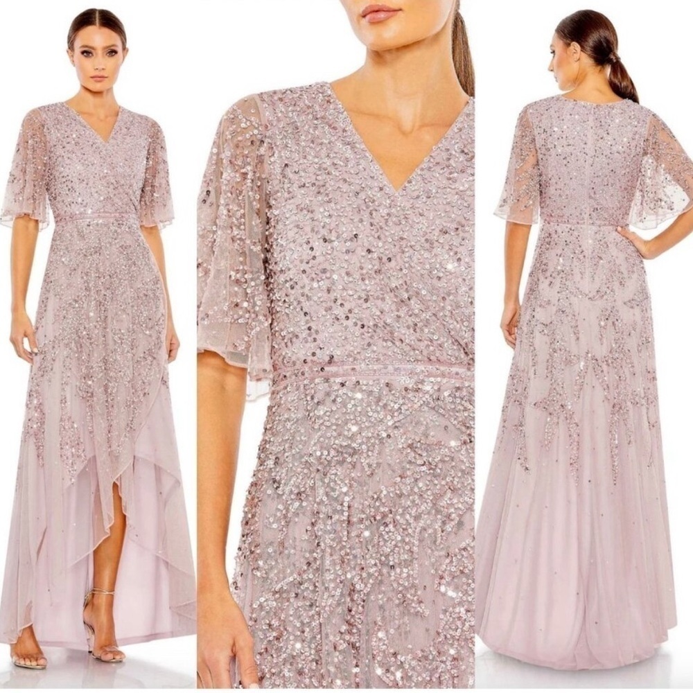 Mac Duggal Sequin Butterfly Sleeve High Low Gown 93681 size 4 VINTAGE LILAC